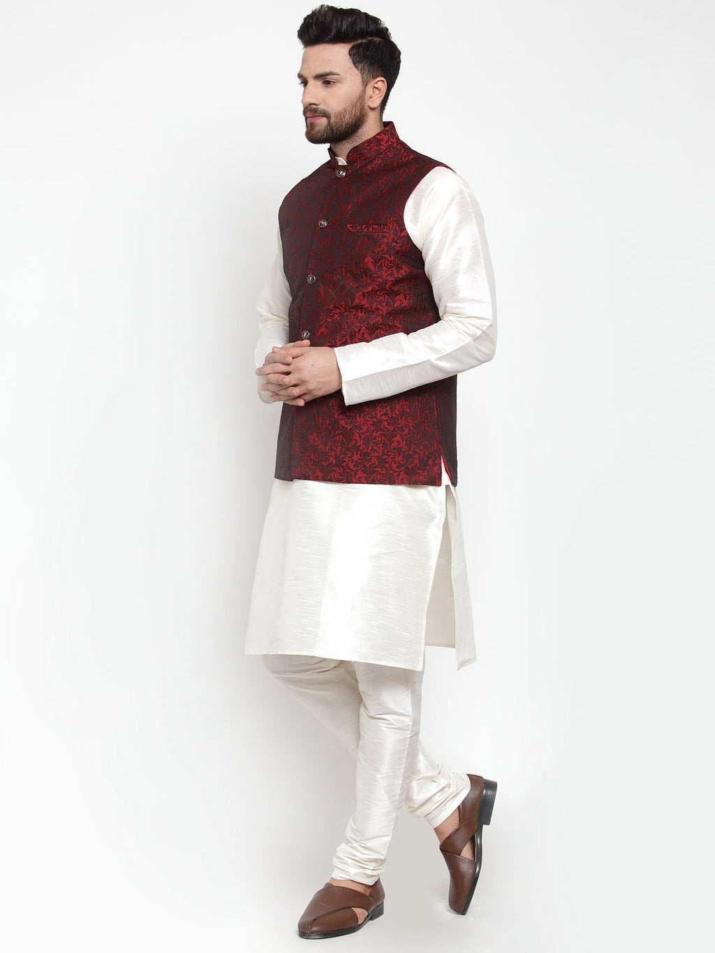 Jompers Men's Solid Dupion Kurta Pajama with Woven Jacquard Waistcoat (Maroon)