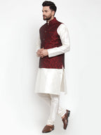 Jompers Men's Solid Dupion Kurta Pajama with Woven Jacquard Waistcoat (Maroon)