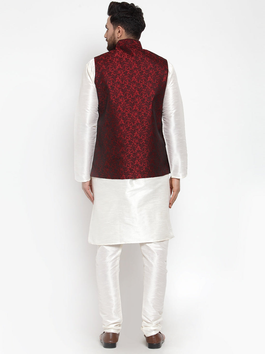 Jompers Men's Solid Dupion Kurta Pajama with Woven Jacquard Waistcoat (Maroon)