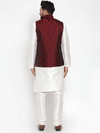 Jompers Men's Solid Dupion Kurta Pajama with Woven Jacquard Waistcoat (Maroon)