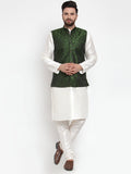 Jompers Men's Solid Dupion Kurta Pajama with Woven Jacquard Waistcoat (Mehndi)