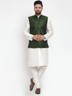 Jompers Men's Solid Dupion Kurta Pajama with Woven Jacquard Waistcoat (Mehndi)