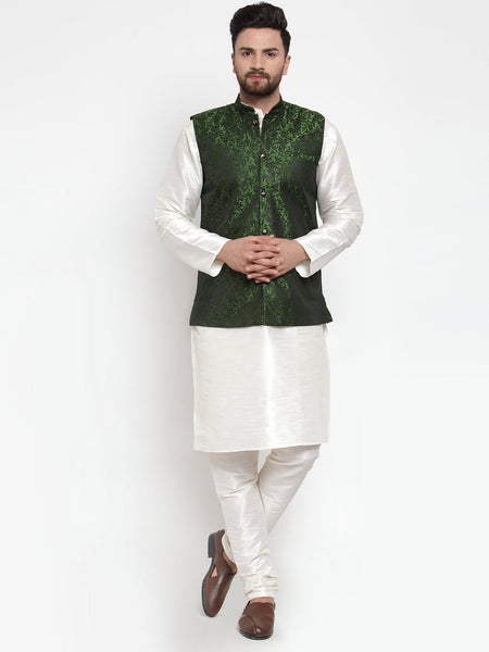 Jompers Men's Solid Dupion Kurta Pajama with Woven Jacquard Waistcoat (Mehndi)