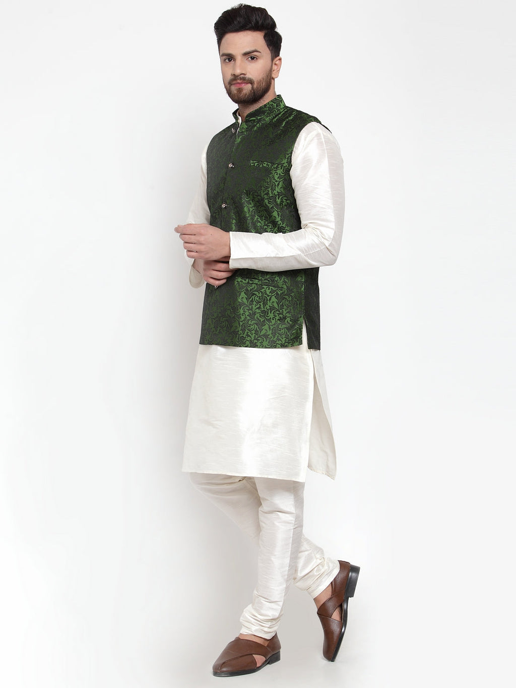 Jompers Men's Solid Dupion Kurta Pajama with Woven Jacquard Waistcoat (Mehndi)