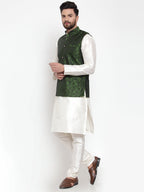 Jompers Men's Solid Dupion Kurta Pajama with Woven Jacquard Waistcoat (Mehndi)