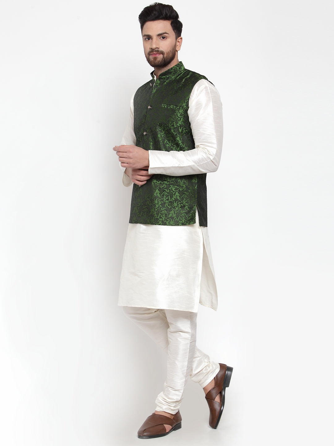 Jompers Men's Solid Dupion Kurta Pajama with Woven Jacquard Waistcoat (Mehndi)
