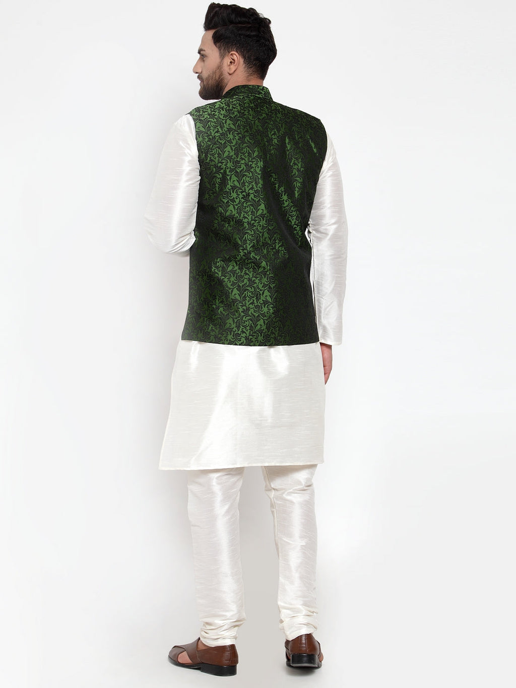 Jompers Men's Solid Dupion Kurta Pajama with Woven Jacquard Waistcoat (Mehndi)