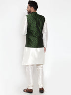 Jompers Men's Solid Dupion Kurta Pajama with Woven Jacquard Waistcoat (Mehndi)