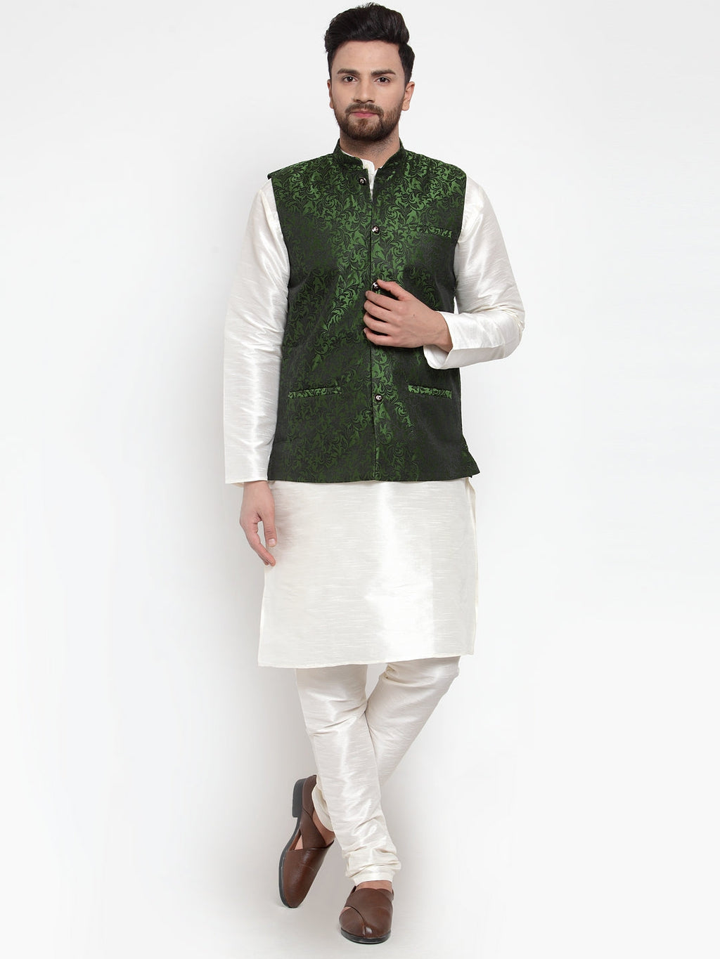 Jompers Men's Solid Dupion Kurta Pajama with Woven Jacquard Waistcoat (Mehndi)