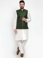 Jompers Men's Solid Dupion Kurta Pajama with Woven Jacquard Waistcoat (Mehndi)