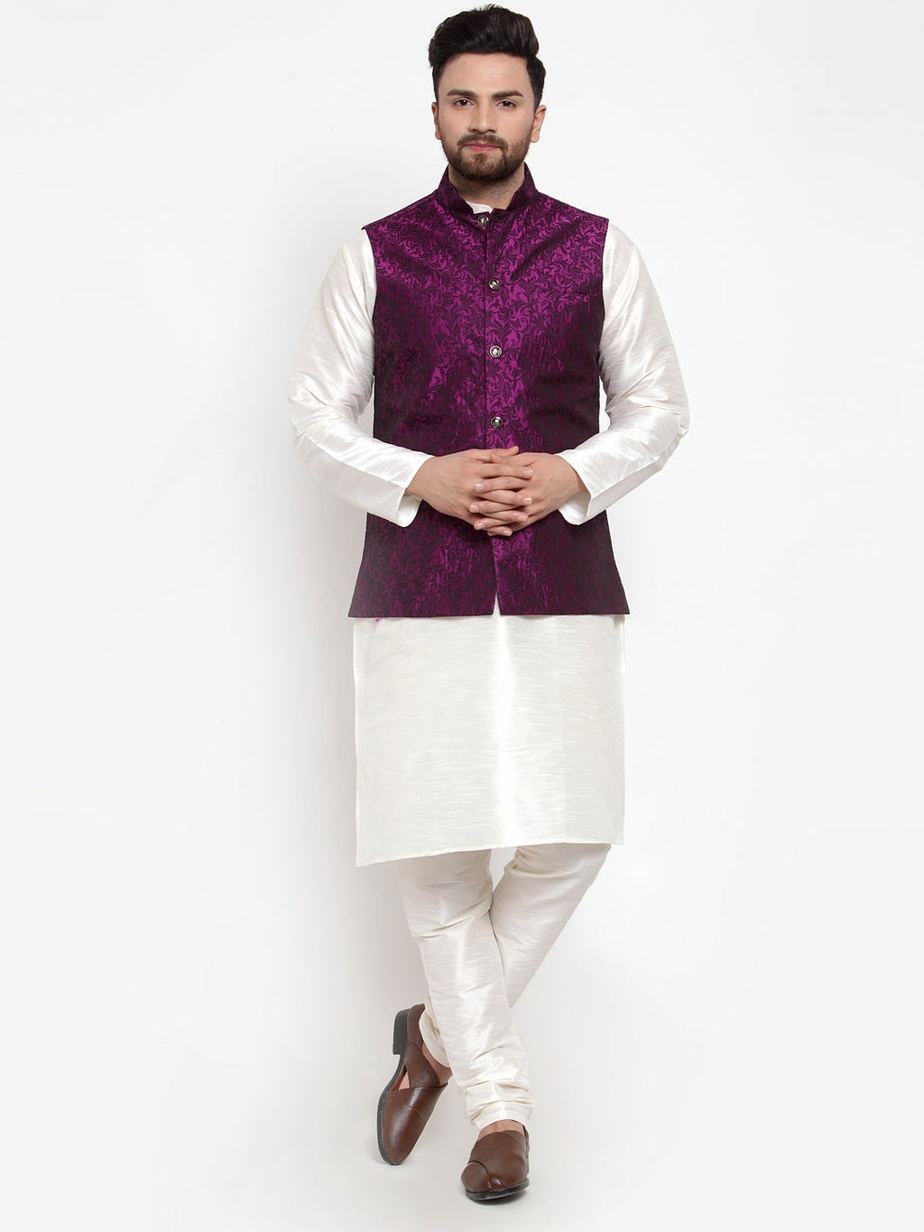 Jompers Men's Solid Dupion Kurta Pajama with Woven Jacquard Waistcoat (Purple)