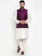 Jompers Men's Solid Dupion Kurta Pajama with Woven Jacquard Waistcoat (Purple)