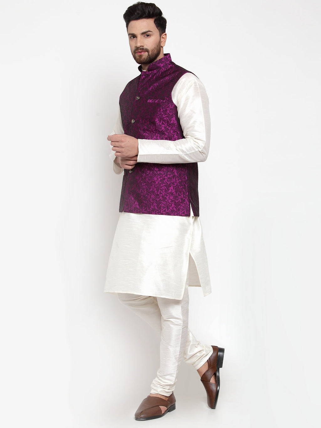 Jompers Men's Solid Dupion Kurta Pajama with Woven Jacquard Waistcoat (Purple)
