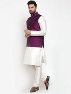 Jompers Men's Solid Dupion Kurta Pajama with Woven Jacquard Waistcoat (Purple)