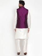Jompers Men's Solid Dupion Kurta Pajama with Woven Jacquard Waistcoat (Purple)