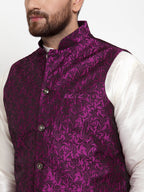 Jompers Men's Solid Dupion Kurta Pajama with Woven Jacquard Waistcoat (Purple)