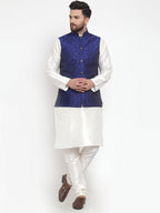 Jompers Men's Solid Dupion Kurta Pajama with Woven Jacquard Waistcoat (Royal)