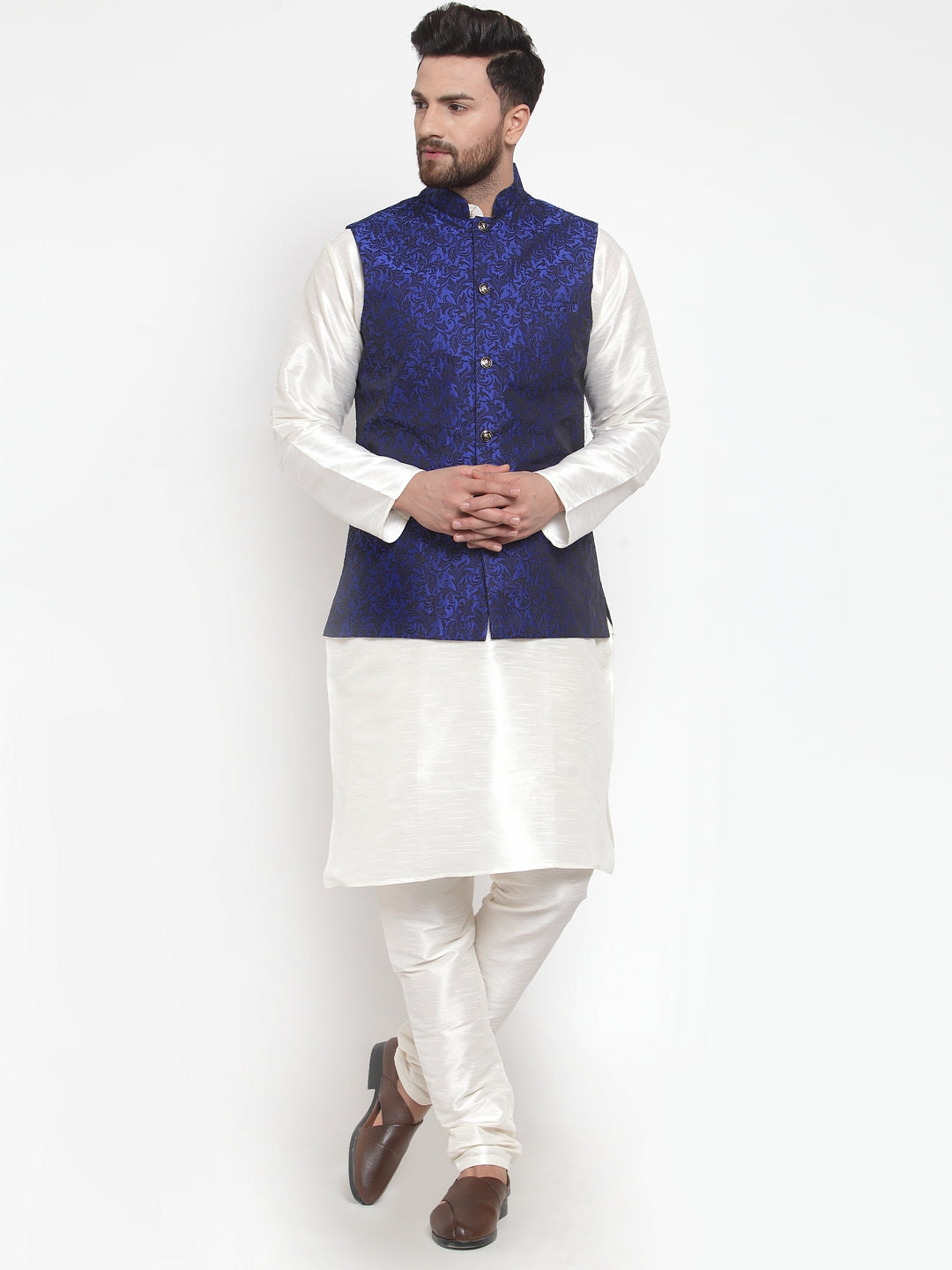Jompers Men's Solid Dupion Kurta Pajama with Woven Jacquard Waistcoat (Royal)