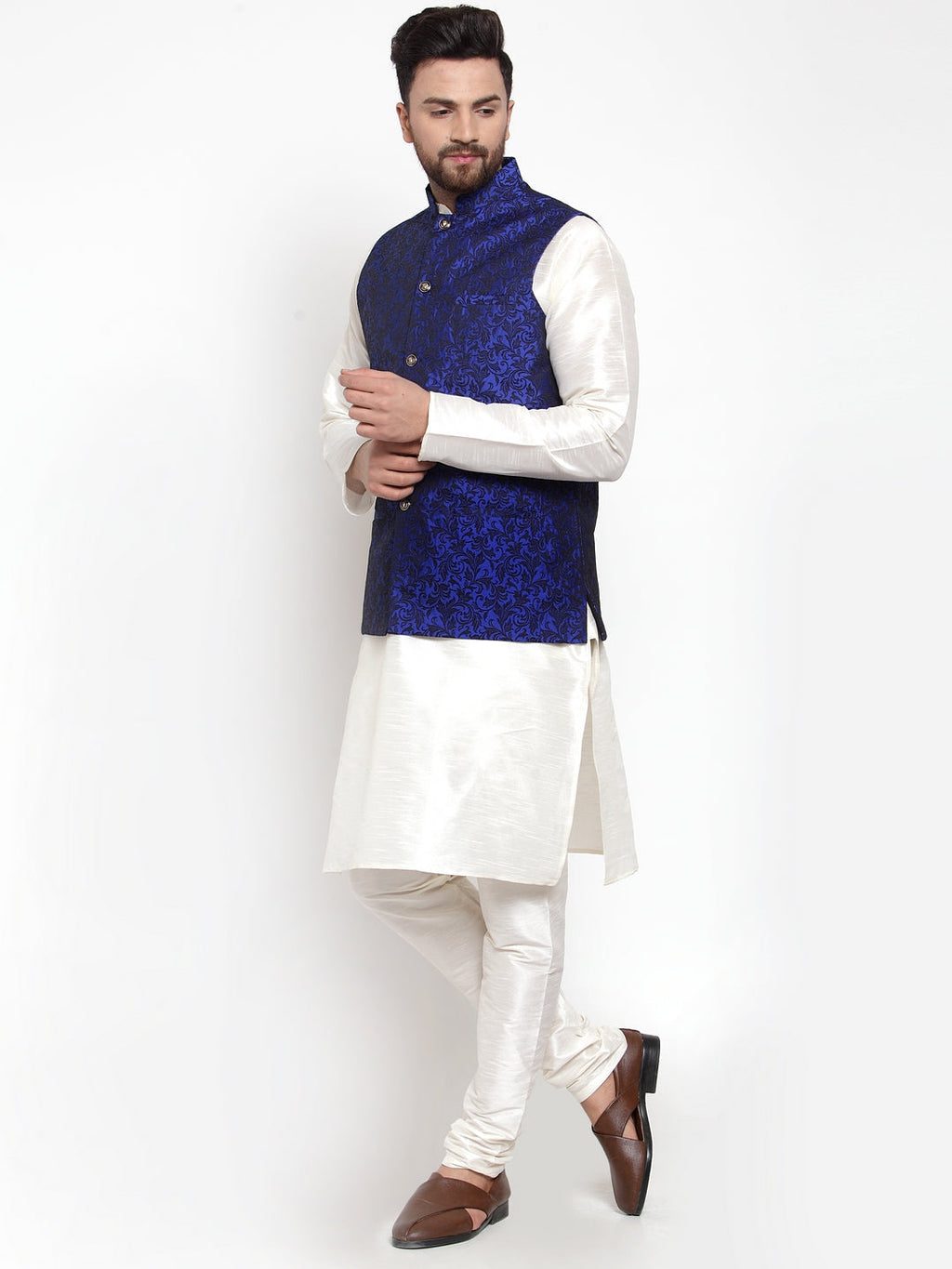 Jompers Men's Solid Dupion Kurta Pajama with Woven Jacquard Waistcoat (Royal)