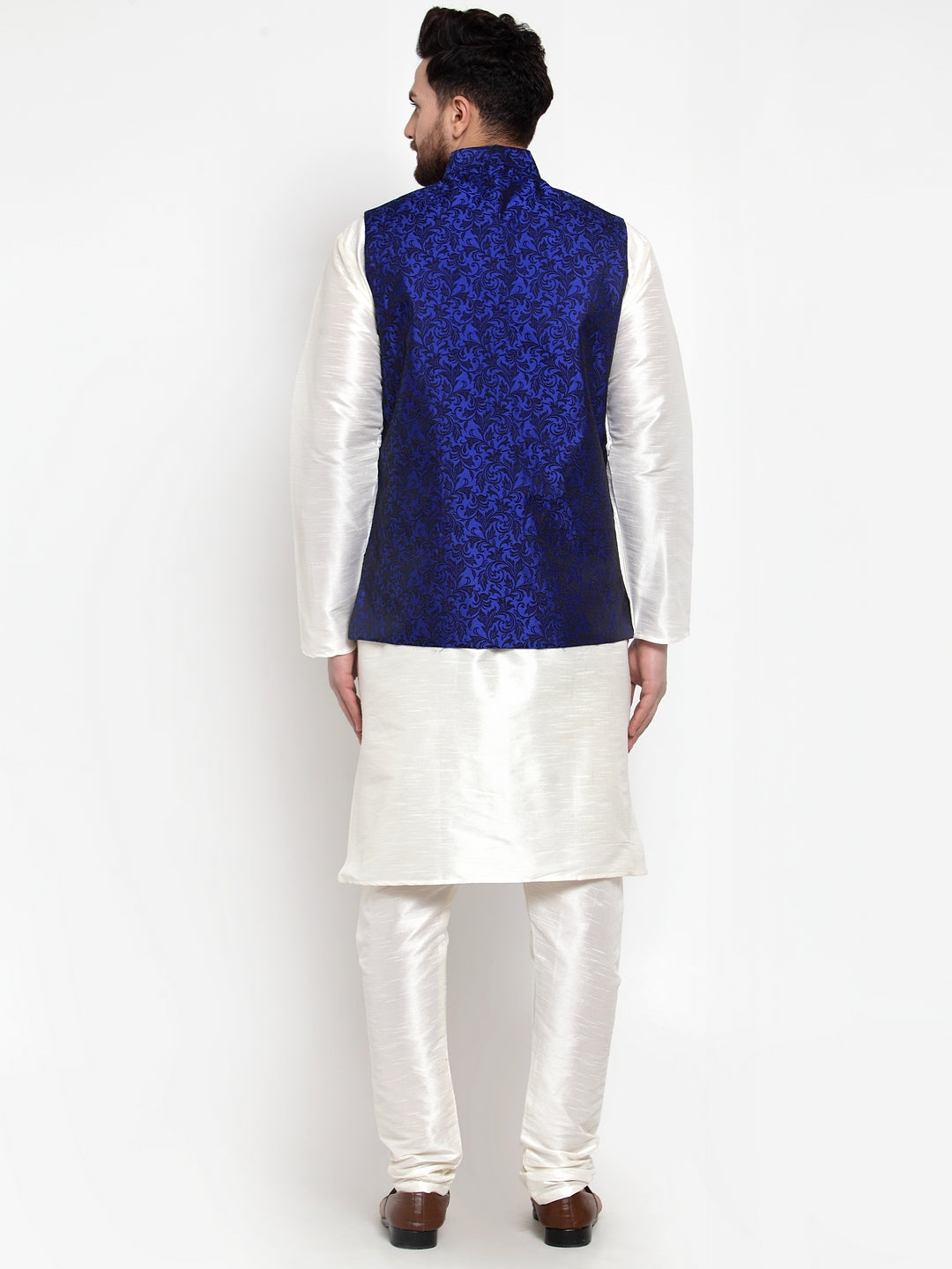 Jompers Men's Solid Dupion Kurta Pajama with Woven Jacquard Waistcoat (Royal)