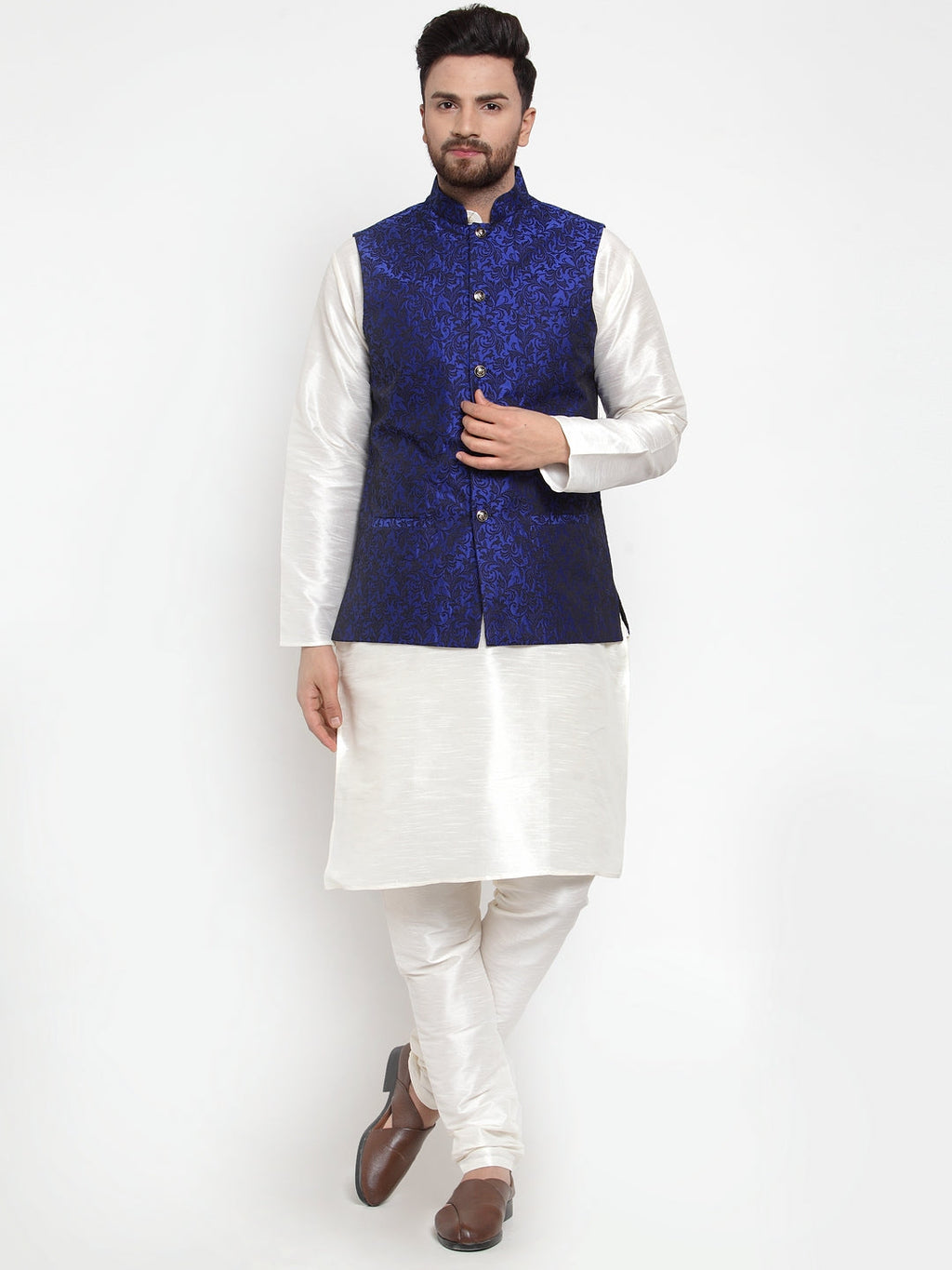 Jompers Men's Solid Dupion Kurta Pajama with Woven Jacquard Waistcoat (Royal)