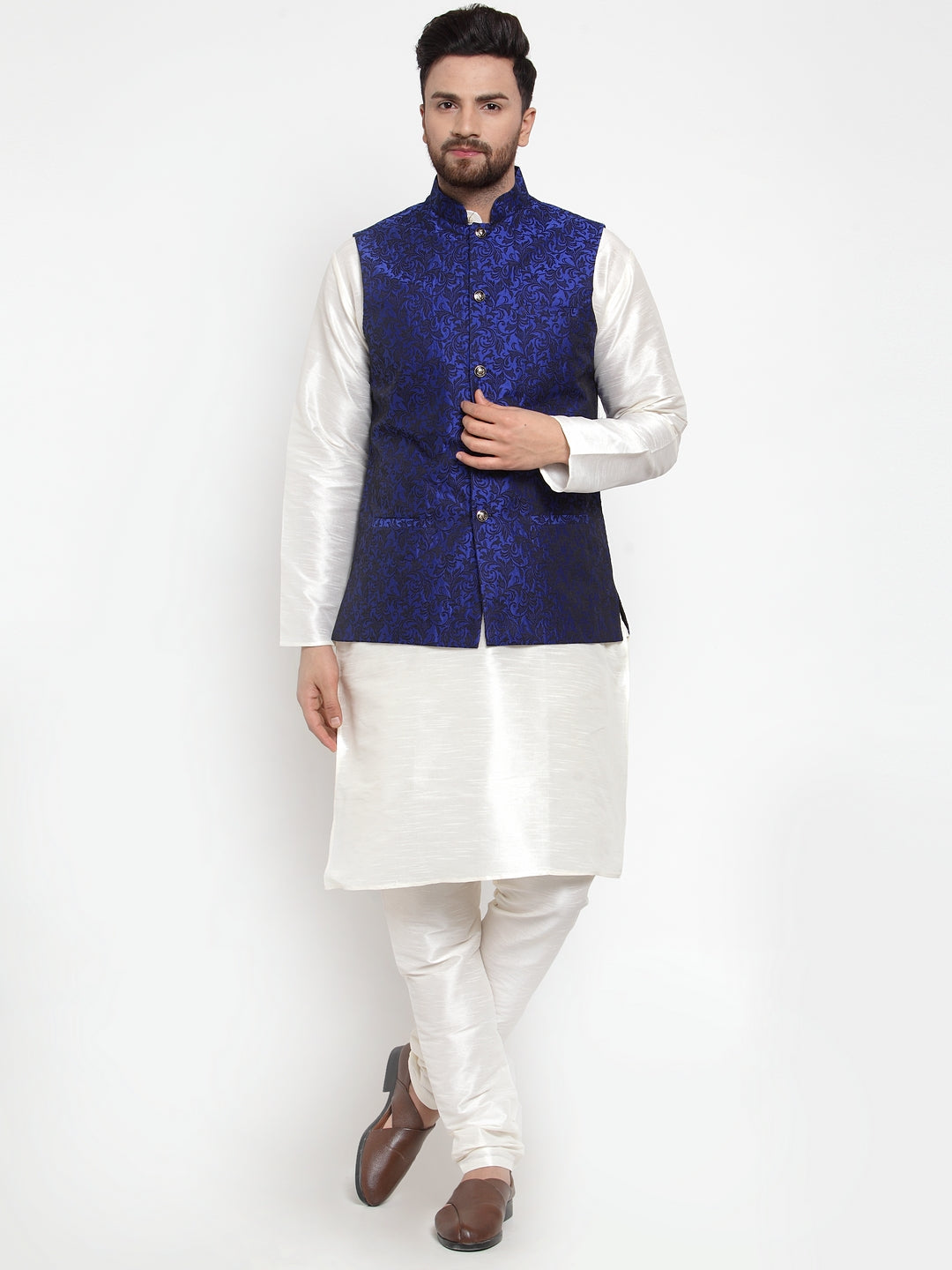 Jompers Men's Solid Dupion Kurta Pajama with Woven Jacquard Waistcoat (Royal)