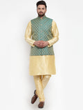 Jompers Men's Solid Dupion Kurta Pajama with Woven Jacquard Waistcoat (Green)