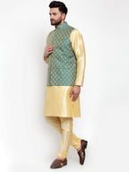 Jompers Men's Solid Dupion Kurta Pajama with Woven Jacquard Waistcoat (Green)