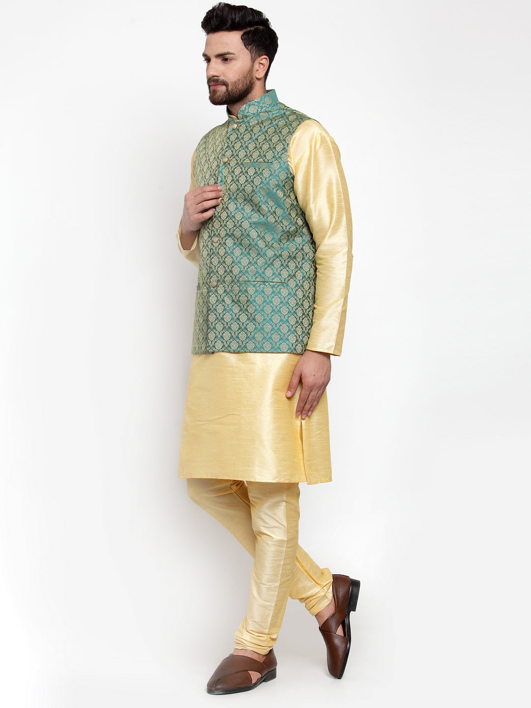 Jompers Men's Solid Dupion Kurta Pajama with Woven Jacquard Waistcoat (Green)