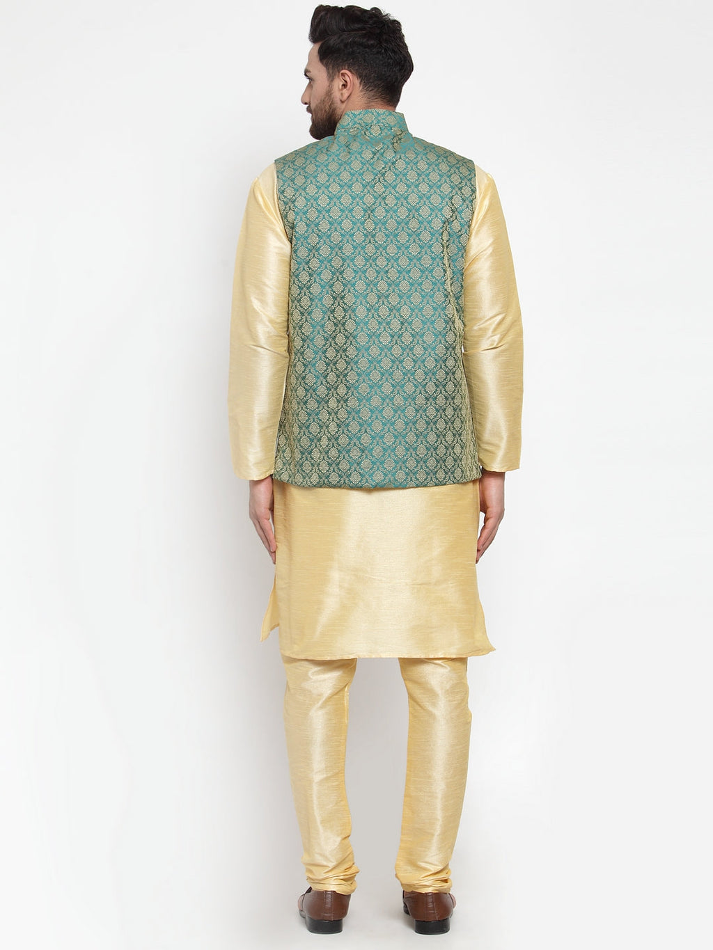 Jompers Men's Solid Dupion Kurta Pajama with Woven Jacquard Waistcoat (Green)