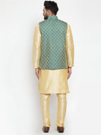 Jompers Men's Solid Dupion Kurta Pajama with Woven Jacquard Waistcoat (Green)