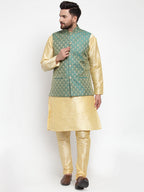 Jompers Men's Solid Dupion Kurta Pajama with Woven Jacquard Waistcoat (Green)