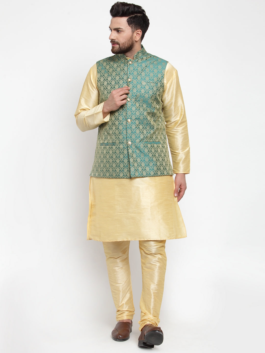 Jompers Men's Solid Dupion Kurta Pajama with Woven Jacquard Waistcoat (Green)