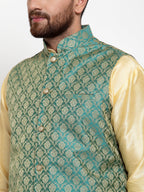 Jompers Men's Solid Dupion Kurta Pajama with Woven Jacquard Waistcoat (Green)