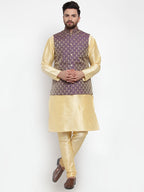 Jompers Men Solid Dupion Kurta Pajama with Woven Jacquard Waistcoat (Purple)