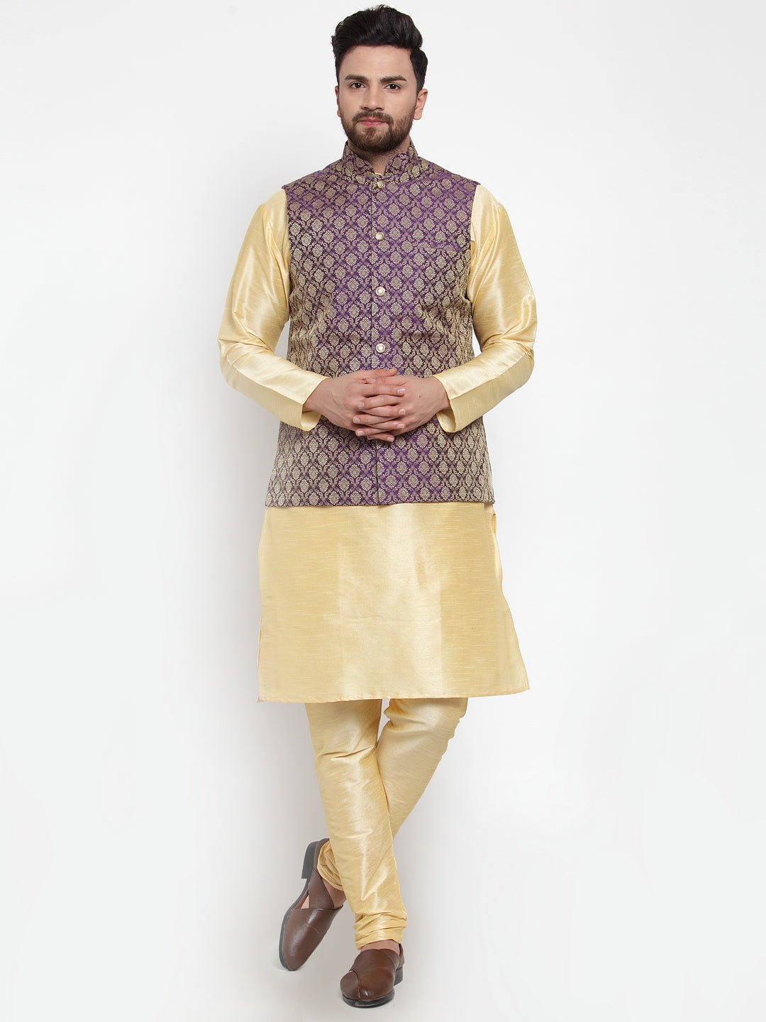 Jompers Men Solid Dupion Kurta Pajama with Woven Jacquard Waistcoat (Purple)