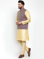 Jompers Men Solid Dupion Kurta Pajama with Woven Jacquard Waistcoat (Purple)