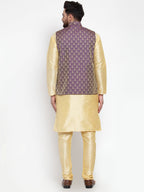 Jompers Men Solid Dupion Kurta Pajama with Woven Jacquard Waistcoat (Purple)