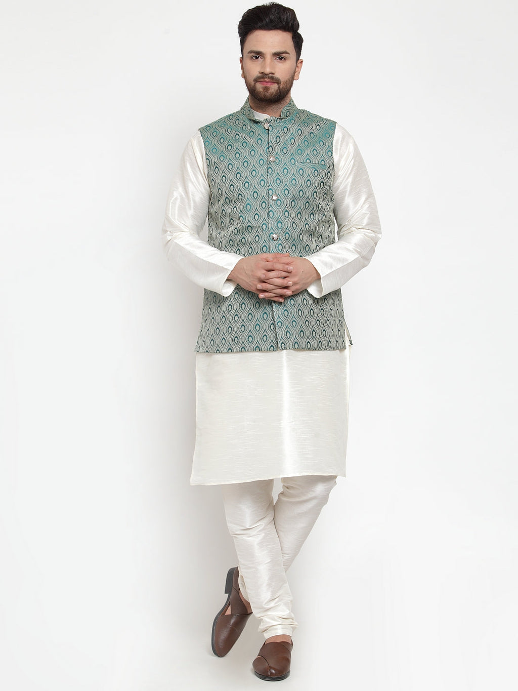 Jompers Men Solid Dupion Kurta Pajama with Woven Jacquard Waistcoat (Green)