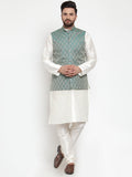 Jompers Men Solid Dupion Kurta Pajama with Woven Jacquard Waistcoat (Green)