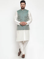 Jompers Men Solid Dupion Kurta Pajama with Woven Jacquard Waistcoat (Green)