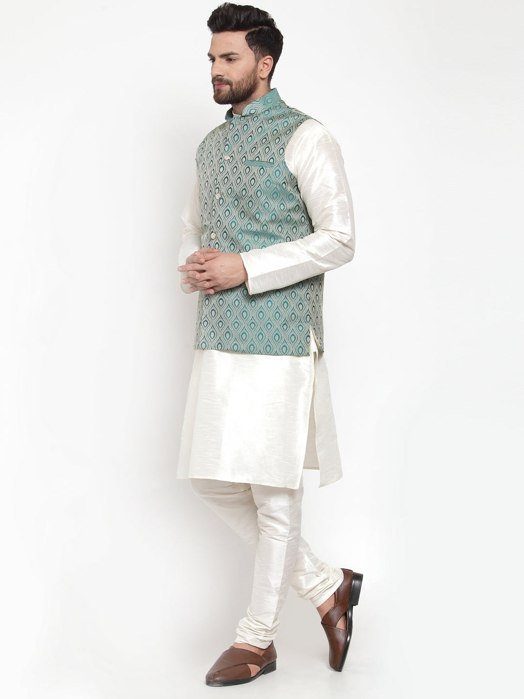 Jompers Men Solid Dupion Kurta Pajama with Woven Jacquard Waistcoat (Green)
