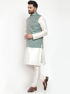 Jompers Men Solid Dupion Kurta Pajama with Woven Jacquard Waistcoat (Green)