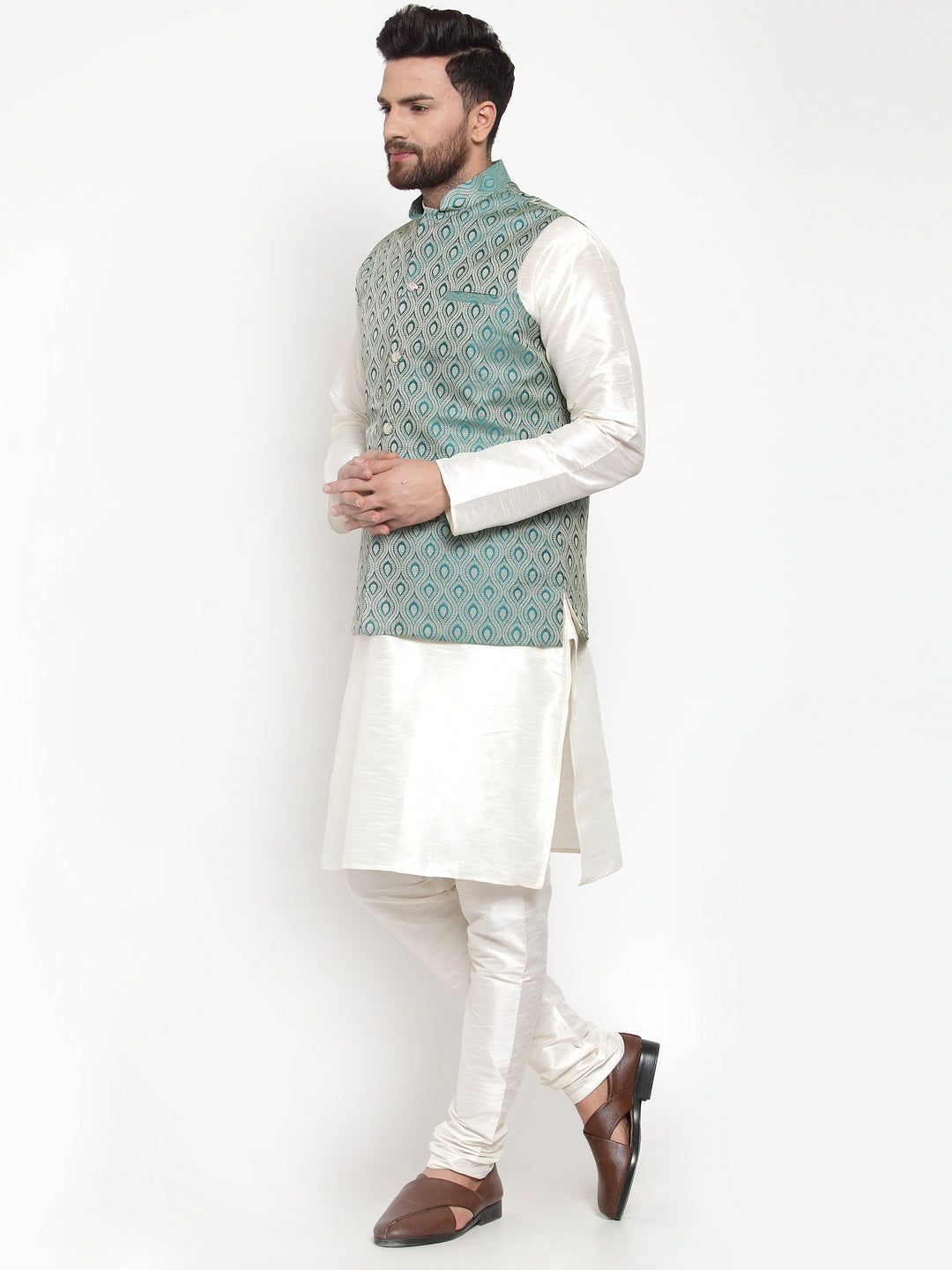 Jompers Men Solid Dupion Kurta Pajama with Woven Jacquard Waistcoat (Green)