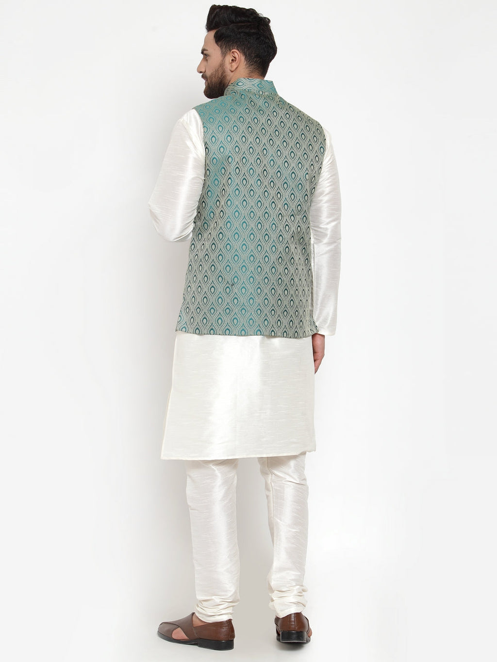 Jompers Men Solid Dupion Kurta Pajama with Woven Jacquard Waistcoat (Green)