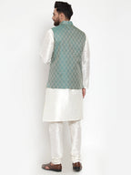 Jompers Men Solid Dupion Kurta Pajama with Woven Jacquard Waistcoat (Green)