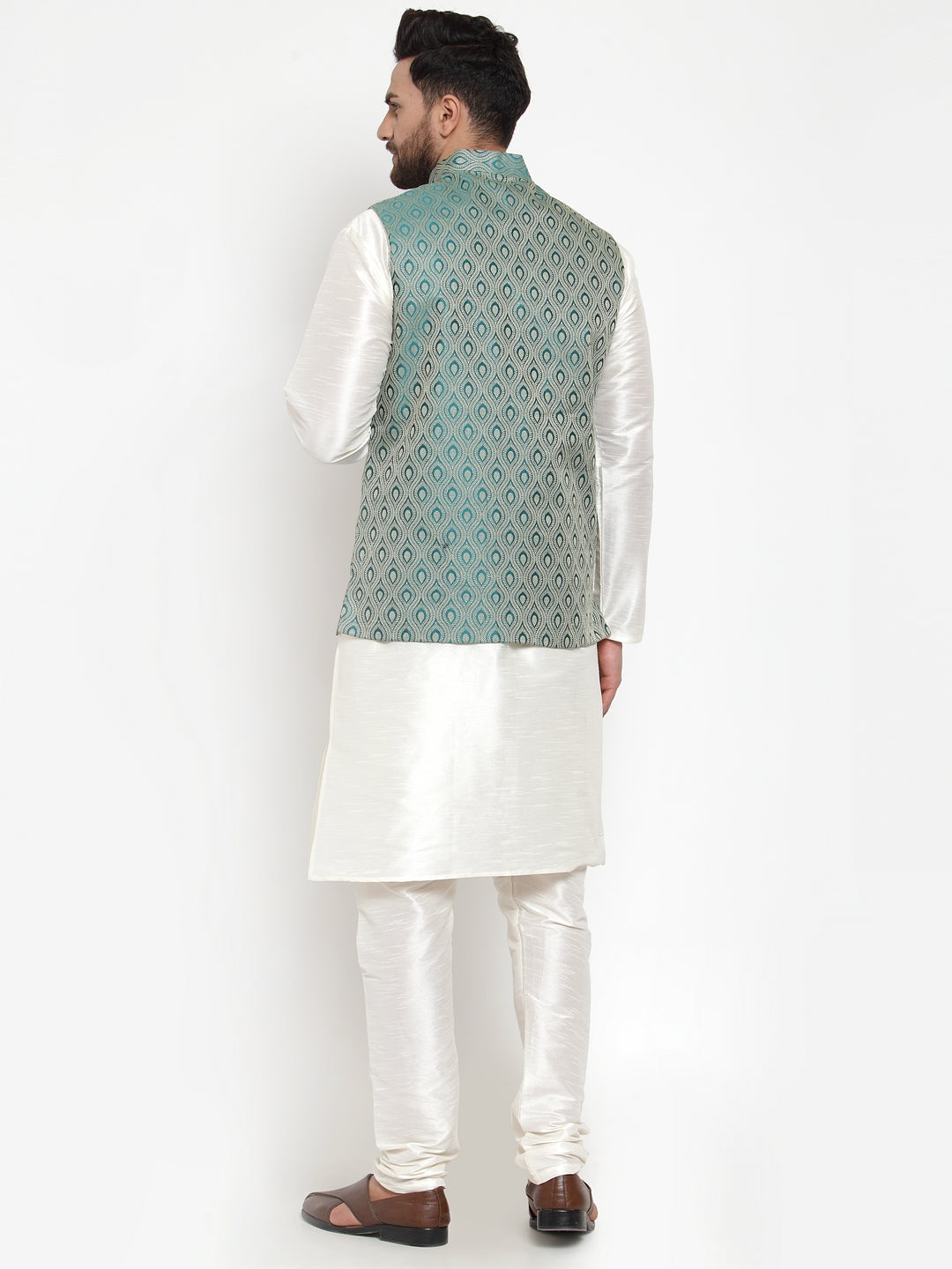 Jompers Men Solid Dupion Kurta Pajama with Woven Jacquard Waistcoat (Green)