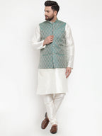 Jompers Men Solid Dupion Kurta Pajama with Woven Jacquard Waistcoat (Green)