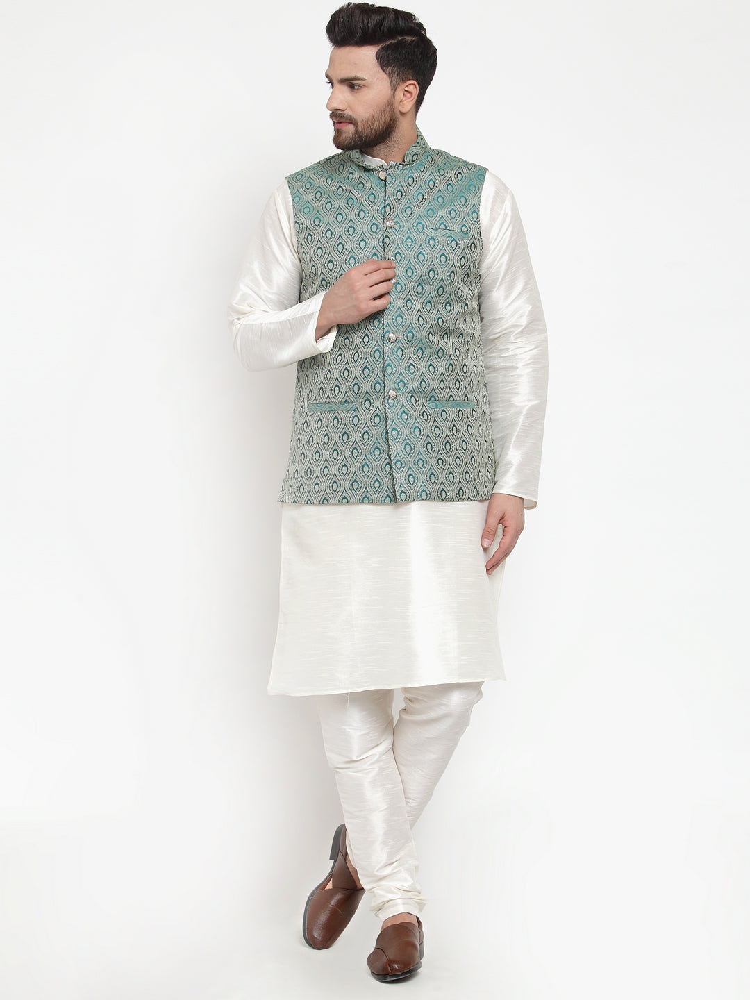 Jompers Men Solid Dupion Kurta Pajama with Woven Jacquard Waistcoat (Green)