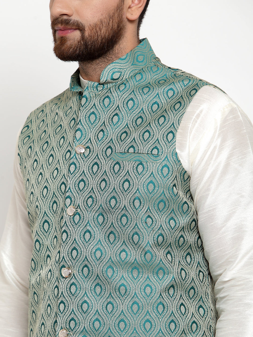 Jompers Men Solid Dupion Kurta Pajama with Woven Jacquard Waistcoat (Green)